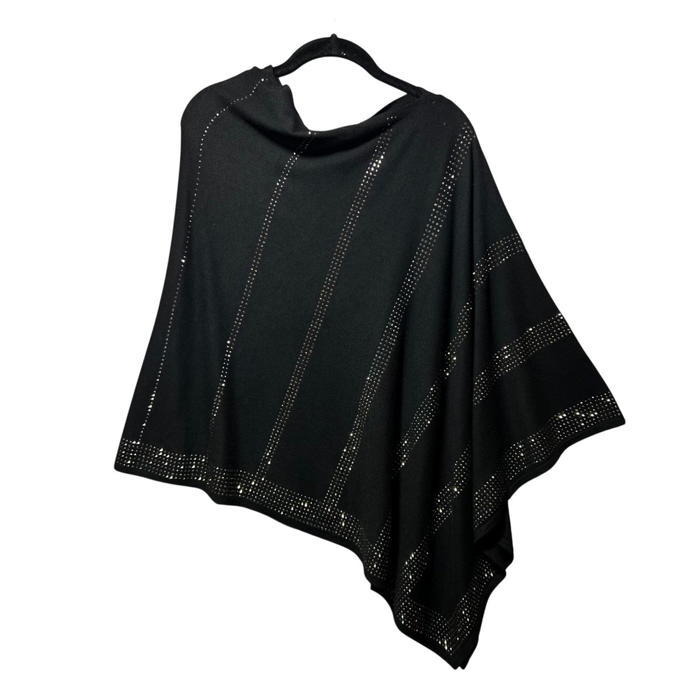 Liquid by Sioni Luxe Black Rhinestone Studded Wool Blend Poncho Wrap S/M NWT